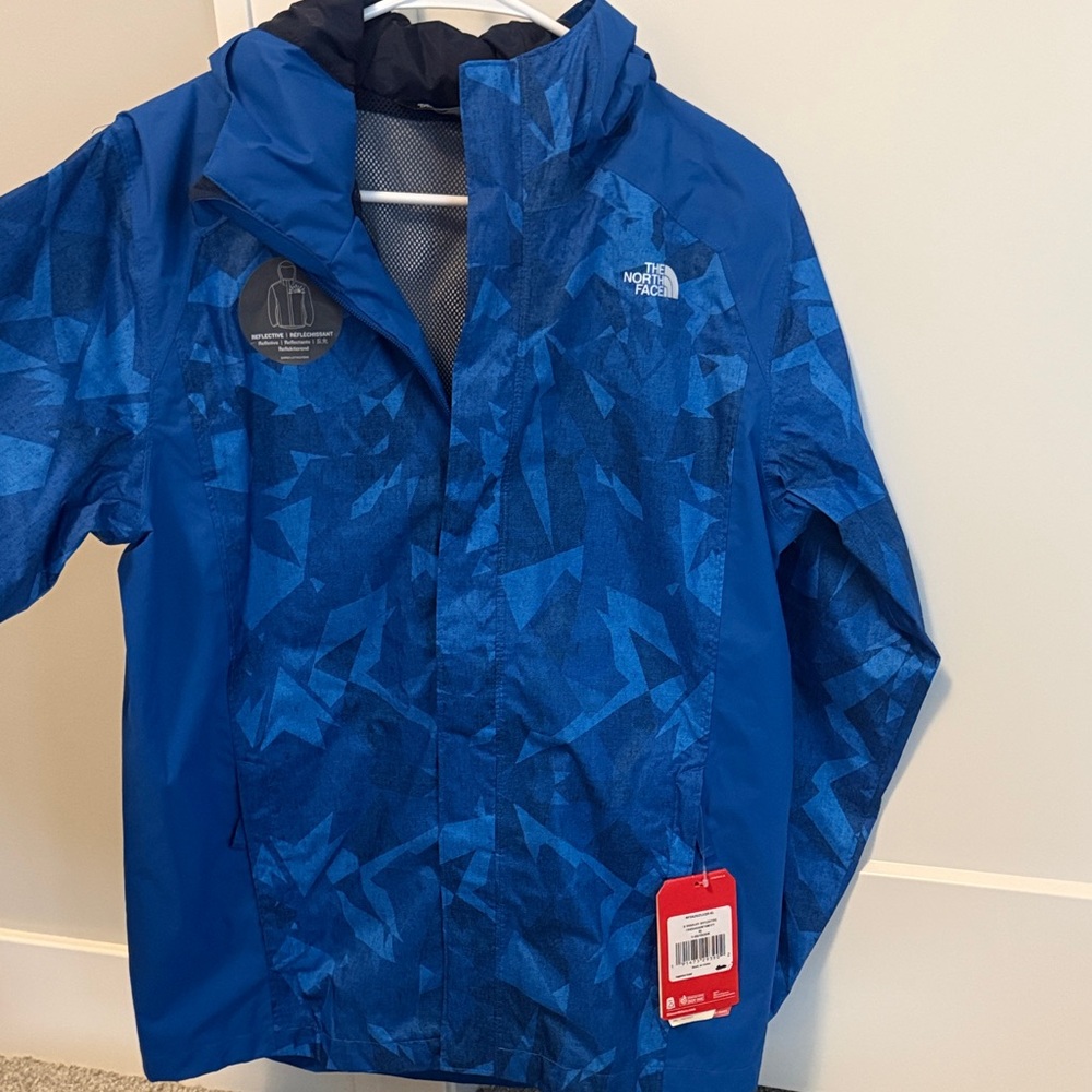 NWT The North Face youth XL Blue Geometric Rain Jacket with hood